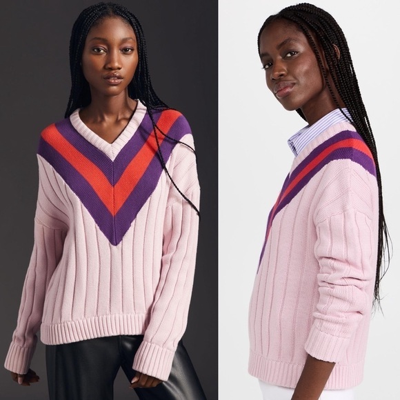 KULE Cotton Cashmere Rib Knit Striped V-Neck Pullover Varsity Tennis Sweater XS - Picture 4 of 12